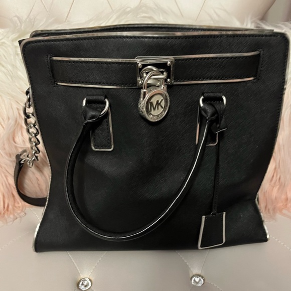 Michael Kors Hamilton Specchio Leather Black Silver Trim Handbag Tote - Picture 2 of 13